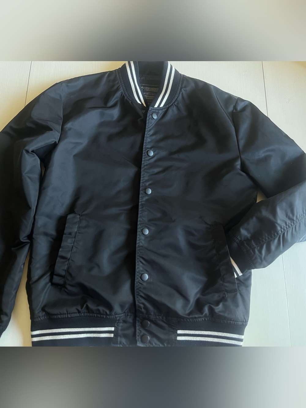 21 Men’s Black Bomber Jacket with White Striped Trim
